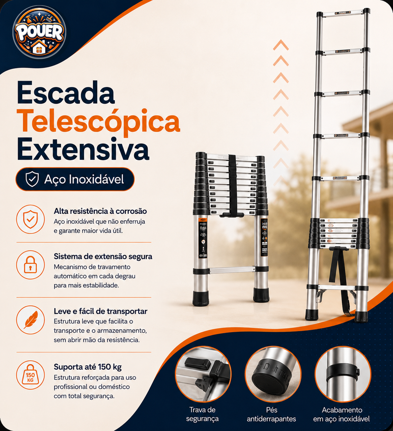 Escada Telescópica Extensiva Aço Inoxidável